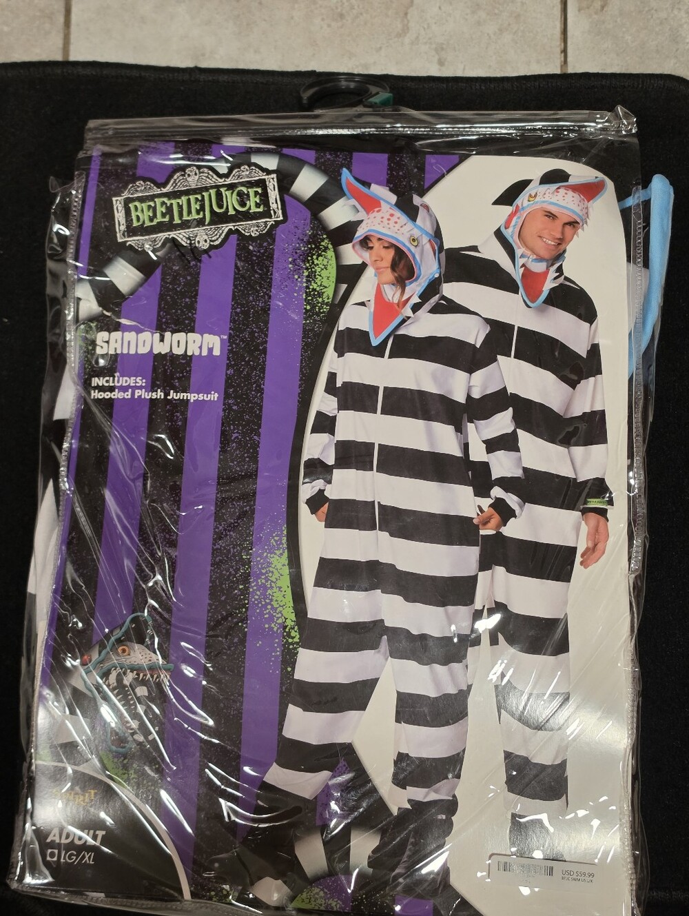 NWT Spirit Beetlejuice Sandworm Plush Hooded Jumpsuit Costume LG/XL Black/White